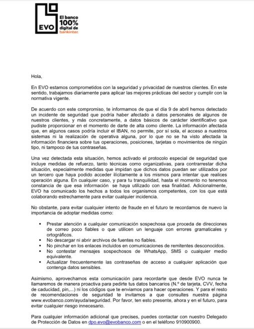 Comunicado de Evo enviado a clientes en relación con el incidente de seguridad.