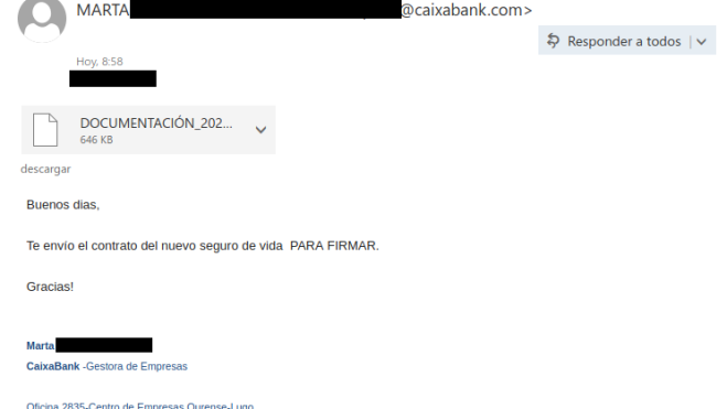 Correo electrónico de la nueva campaña de phishing que se hace pasar por una empleada del CaixaBank (Foto ESET) Correo electrónico de la nueva campaña de phishing que se hace pasar por una empleada del CaixaBank (Foto ESET)