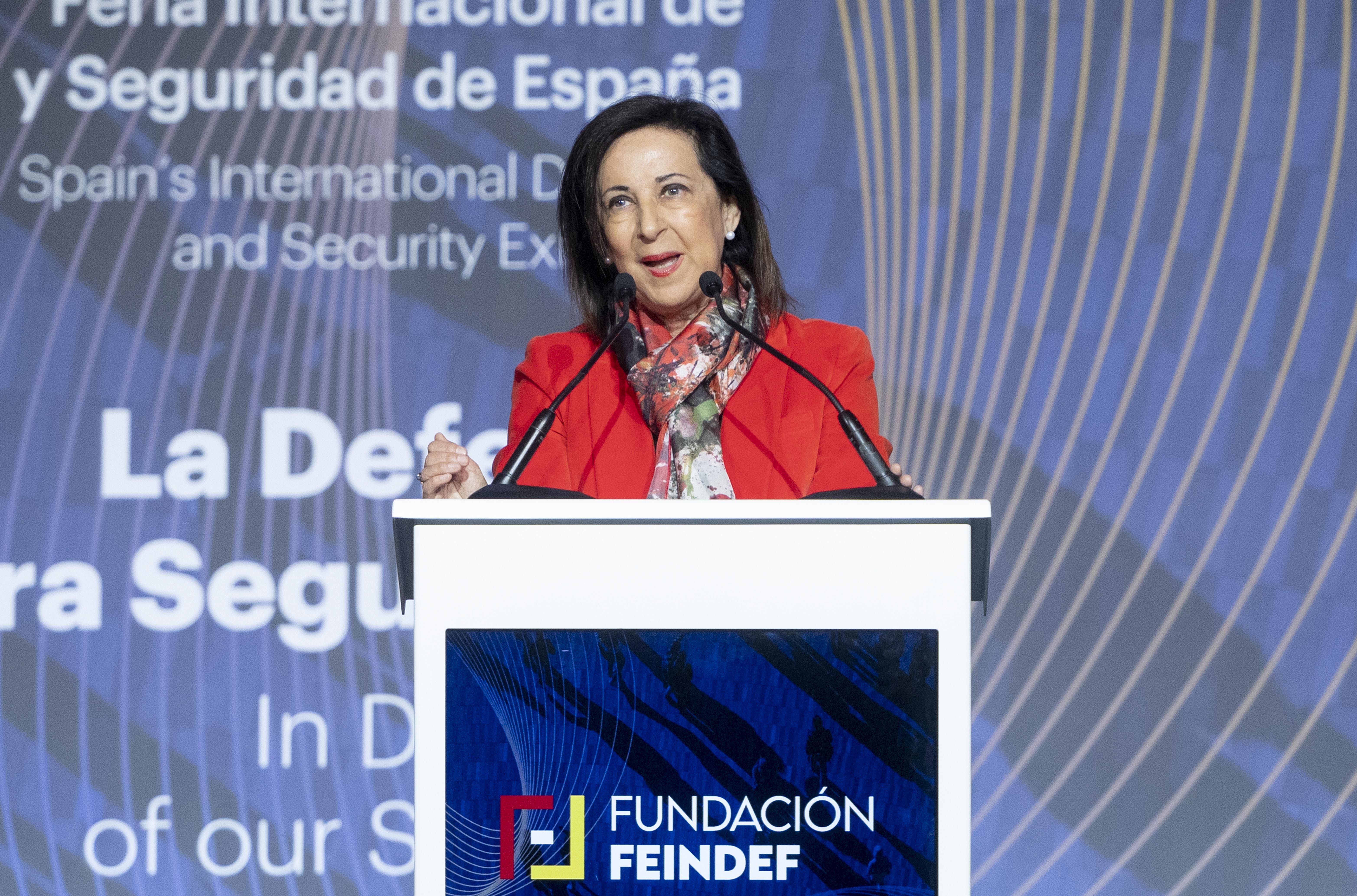 La ministra de Defensa, Margarita Robles, interviene durante la inauguración de la III Feria Internacional de Defensa y Seguridad de España (Feindef 2023) (Foto: Alberto Ortega / Europa Press)