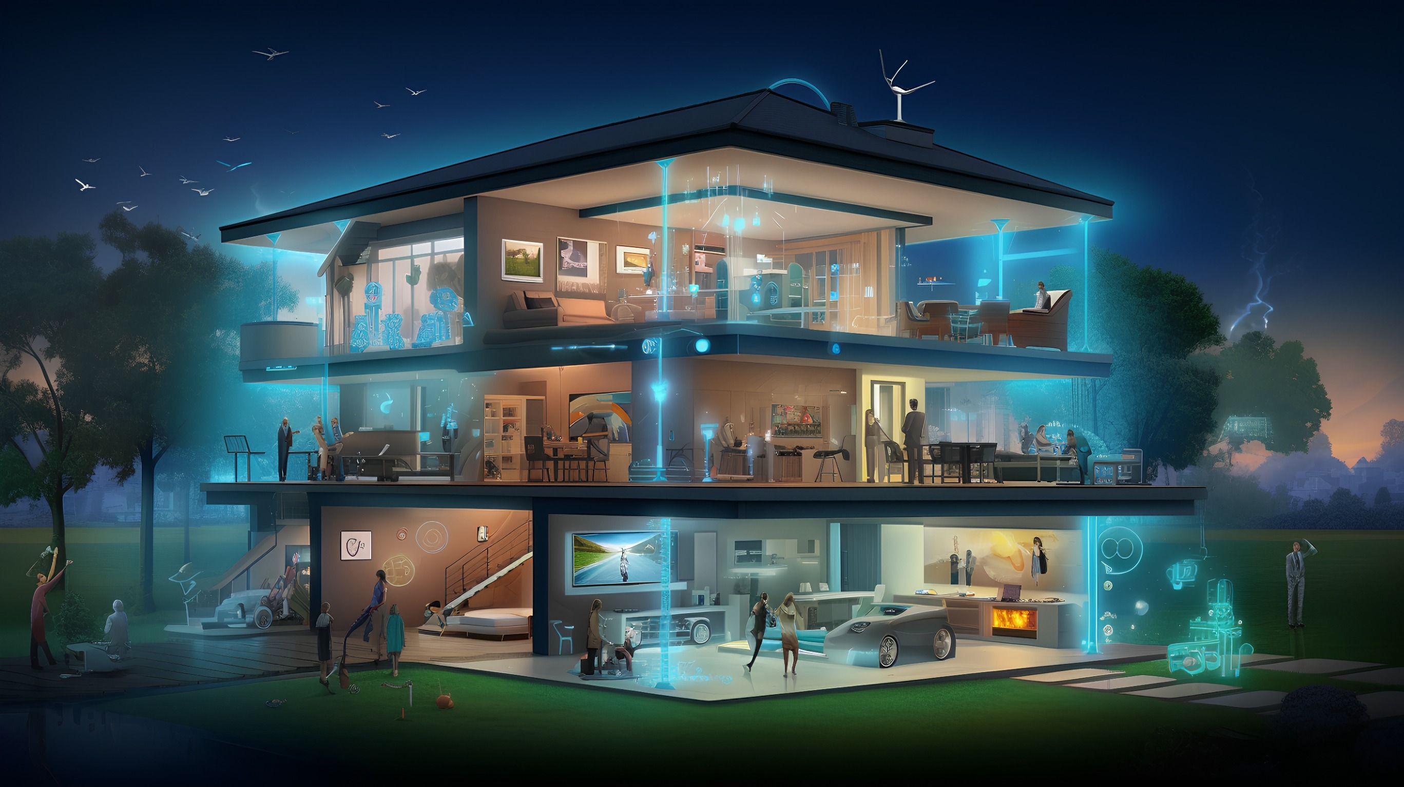 Representación 3D de una casa inteligente por la noche.