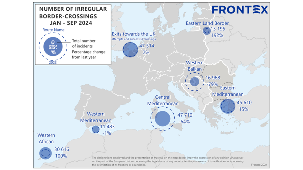 Mapa resumen del informe sobre migraciones irregulares hacia Europa de los 9 primeros meses de 2024 de FRONTEX | Fuente: FRONTEX Mapa resumen del informe sobre migraciones irregulares hacia Europa de los 9 primeros meses de 2024 de FRONTEX | Fuente: FRONTEX