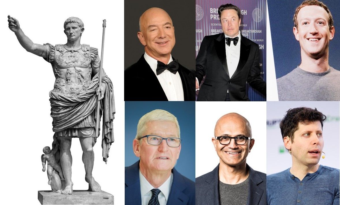 Estatua del emperador romano Augusto junto a las imágenes de Jeff Bezos, Elon Musk, Mark Zuckerberg, Tim Cook, Satya Nadella y Sam Altman.