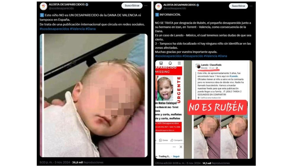 Publicaciones de SOS Desaparecidos en X desmintiendo el falso hallazgo de Rubén, uno de los niños desaparecidos por la DANA Publicaciones de SOS Desaparecidos en X desmintiendo el falso hallazgo de Rubén, uno de los niños desaparecidos por la DANA
