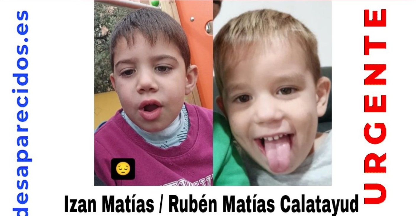 Izan y Rubén Matías, dos hermanos de 5 y 3 años desaparecidos en Valencia por la DANA, en el cartel de SOS Desaparecidos alertando su desaparición