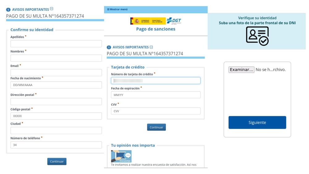 Capturas de la página web fraudulenta que imita a la oficial de la DGT para robar datos a los usuarios | Fuente: Incibe Capturas de la página web fraudulenta que imita a la oficial de la DGT para robar datos a los usuarios | Fuente: Incibe