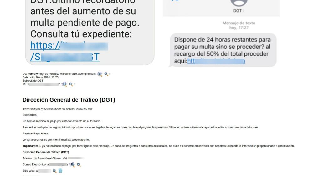 SMS y correo electrónico malicioso de las campañas que suplantan a la DGT | Fuente: Incibe SMS y correo electrónico malicioso de las campañas que suplantan a la DGT | Fuente: Incibe