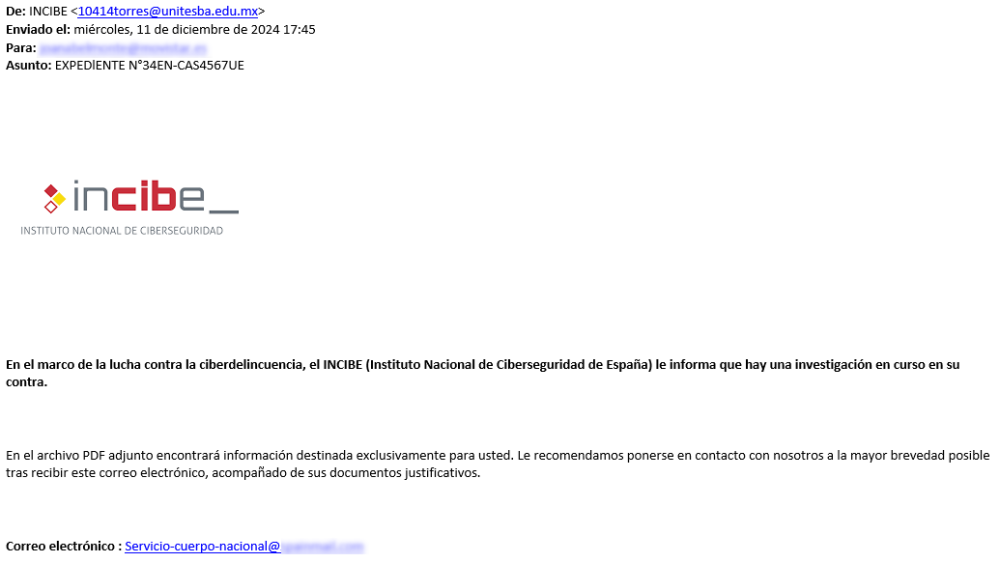 Correo electrónico de la campaña de phishing que suplanta la identidad de INCIBE | Fuente: INCIBE Correo electrónico de la campaña de phishing que suplanta la identidad de INCIBE | Fuente: INCIBE