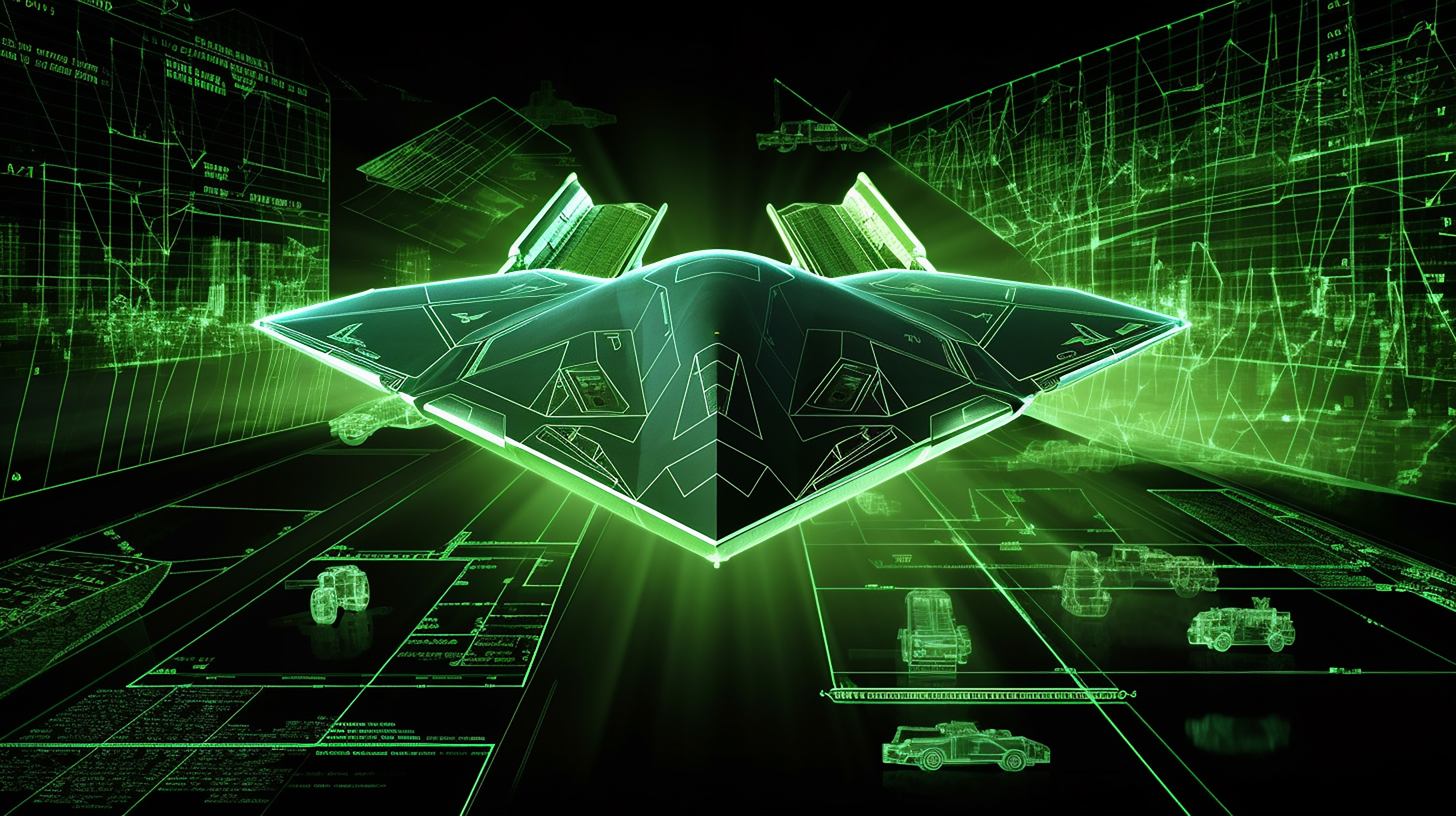 Imagen generativa de IA de una proyección de estructura alámbrica en 3D de un bombardero furtivo que muestra su diseño elegante y angular con superficies ocultas para reducir la detección de radar.