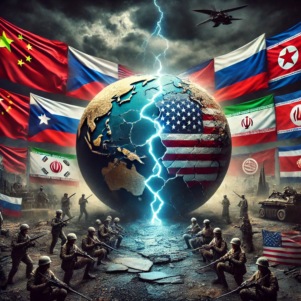 Representación de la tensión geopolítica de Estados Unidos con otras potencias internacionales como China, Rusia, Irán, Corea del Norte, Cuba o Afganistán | Imagen generada por IA