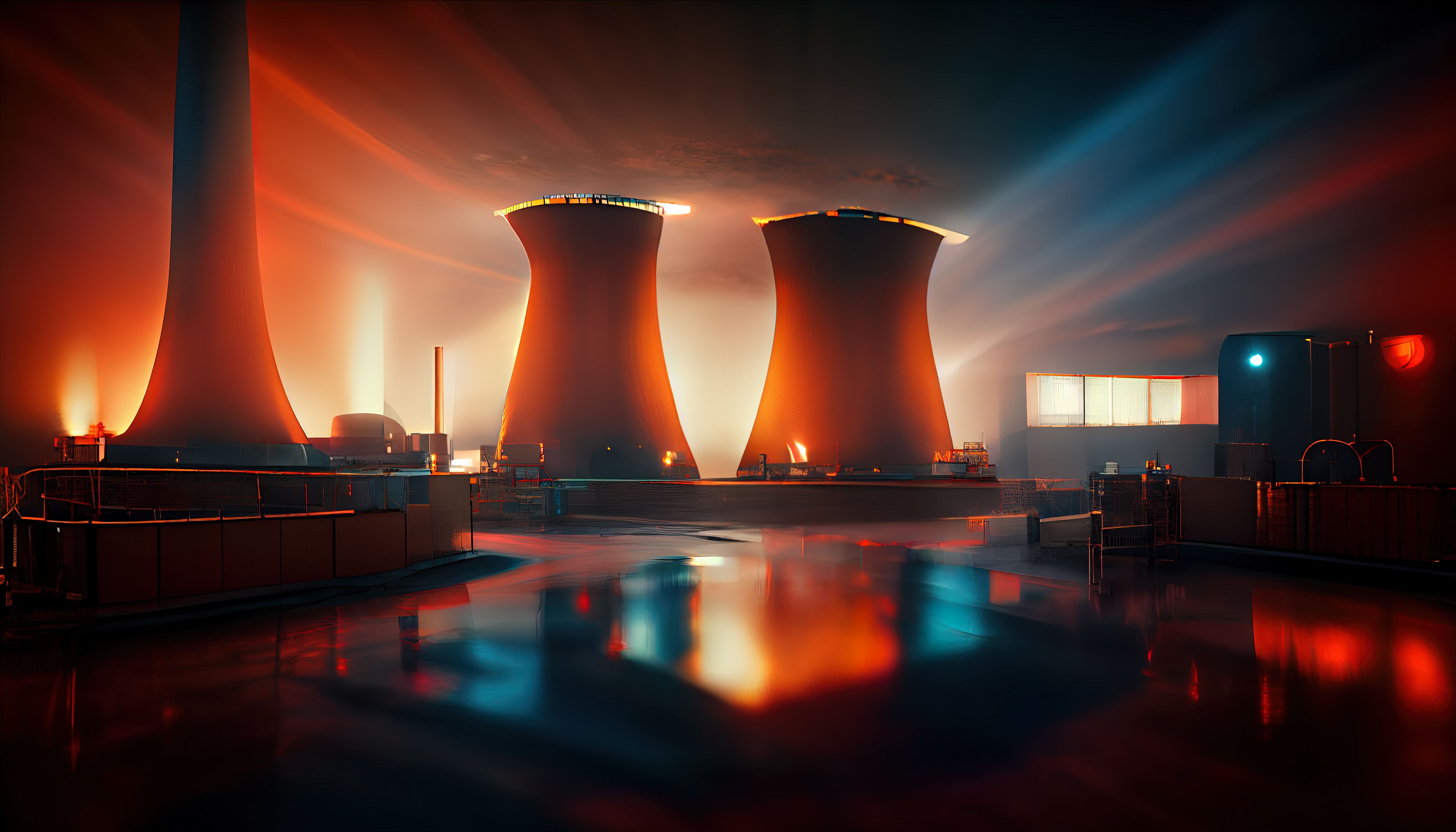 Imagen nocturna de una planta de energía nuclear.