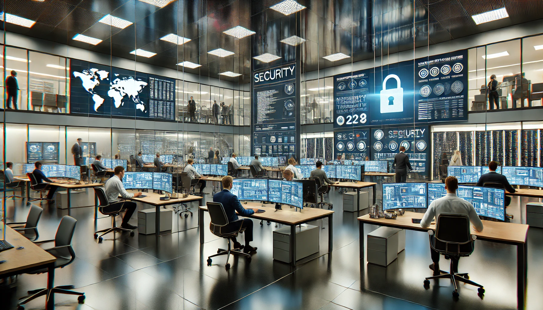 Oficina de una gran empresa especializada en ciberseguridad | Imagen generada con IA