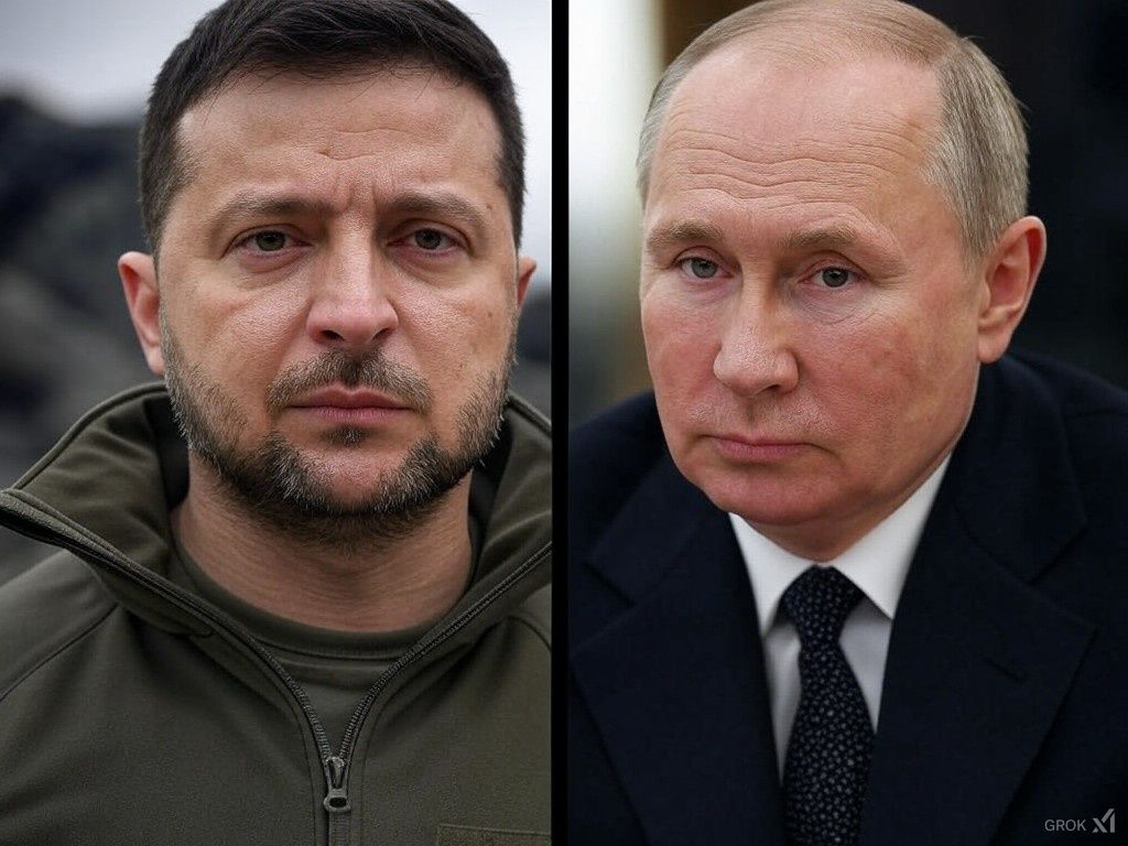 Zelenski y Putin, actores principales en la guerra de Ucrania, en una imagen creada por IA (Grok2).
