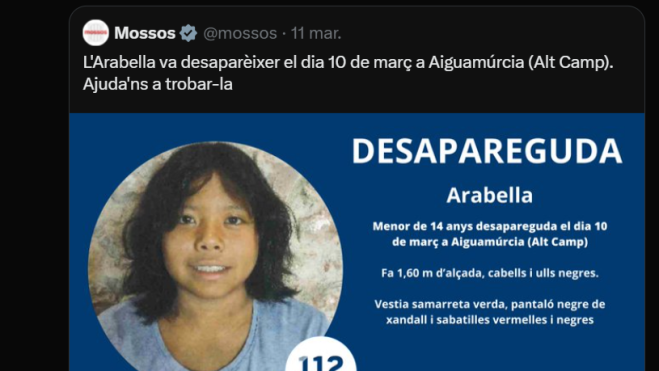 Publicación de los Mossos d'Esquadra en X informando del hallazgo del cuerpo sin vida de Arabella, la niña de 14 años que desapareció este pasado lunes en Aiguamúrcia (Tarragona) Publicación de los Mossos d'Esquadra en X informando del hallazgo del cuerpo sin vida de Arabella, la niña de 14 años que desapareció este pasado lunes en Aiguamúrcia (Tarragona)