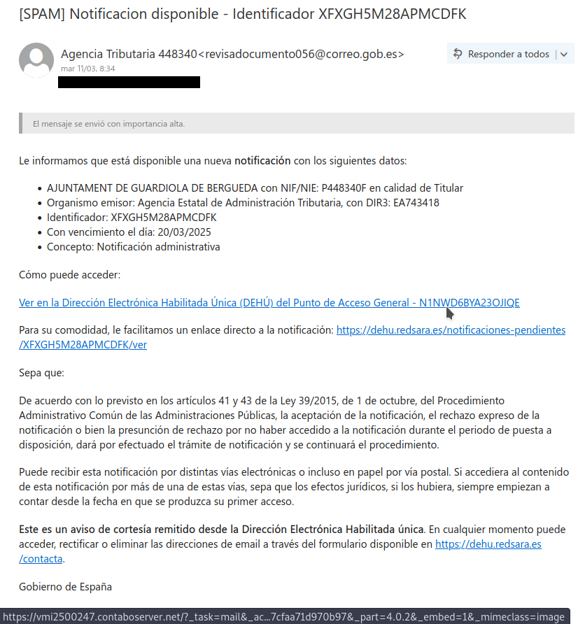 Correo electrónico de la campaña de phishing que suplanta a la Agencia Tributaria para distribuir el troyano bancario Grandoreiro | Foto: ESET