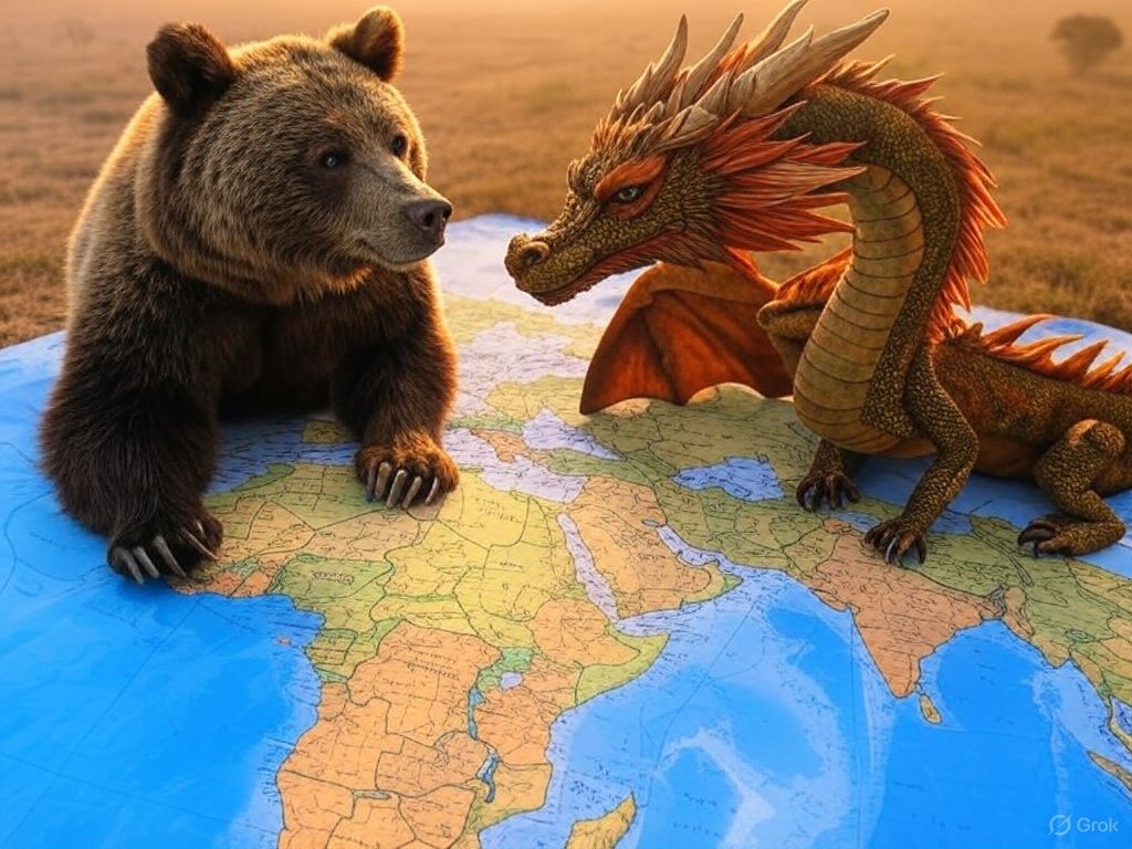 Rusia y China se reparten África. Imagen generada por IA (Grok).