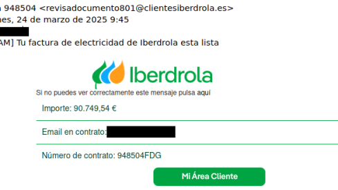 Envío fraudulento de un mensaje con el membrete de Iberdrola. Envío fraudulento de un mensaje con el membrete de Iberdrola.