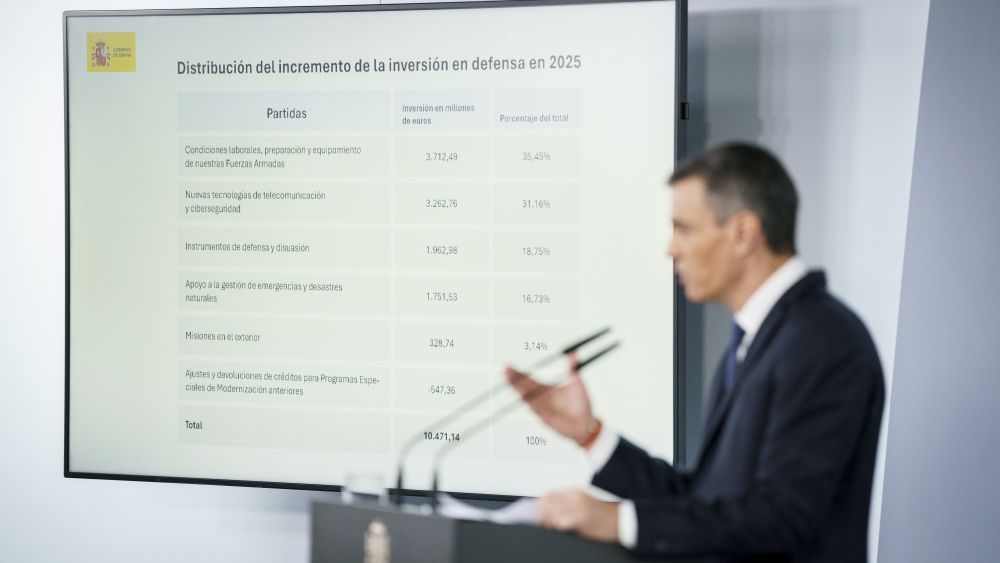 El presidente del Gobierno, Pedro Sánchez, durante la comparecencia en la que ha anunciado el incremento del gasto en Defensa comprometido con la OTAN para llegar al 2% del PIB y en la que ha presentado el nuevo Plan de Seguridad y Defensa | Foto: A. Pérez Meca/Europa Press El presidente del Gobierno, Pedro Sánchez, durante la comparecencia en la que ha anunciado el incremento del gasto en Defensa comprometido con la OTAN para llegar al 2% del PIB y en la que ha presentado el nuevo Plan de Seguridad y Defensa | Foto: A. Pérez Meca/Europa Press