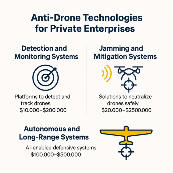 Algunas soluciones de protección contra drones para las empresas del sector privado | Elaboración propia IA Algunas soluciones de protección contra drones para las empresas del sector privado | Elaboración propia IA