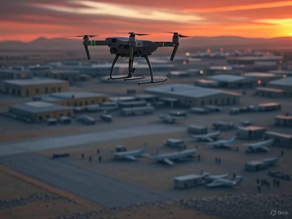 Dron sobrevolando una base militar | Imagen generada con Grok de xAI