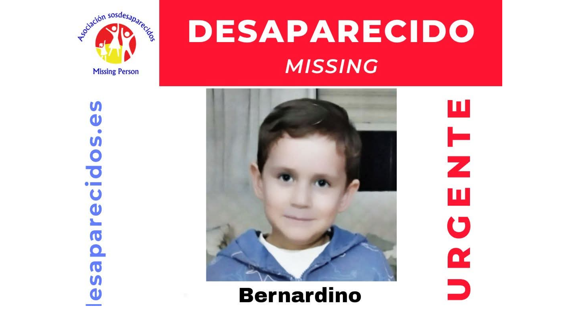 Bernardino, de 4 años, en el cártel de alerta por su desaparición difundido por la asociación SOS Desaparecidos